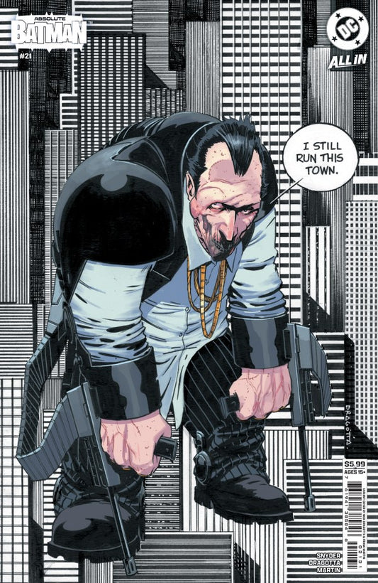 Comic book cover with a character in a suit and helmet, text bubble reading 'I still run this town.'