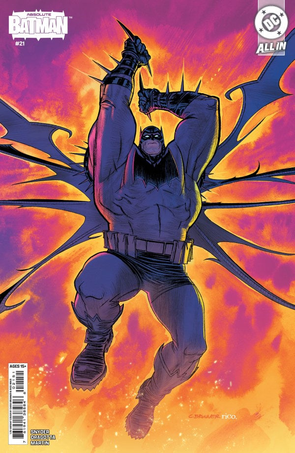 Comic book cover featuring a superhero in a dynamic pose with a fiery background