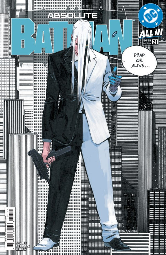 Comic book cover featuring a character in a suit with a cityscape background