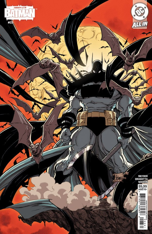 Batman comic book cover featuring Batman standing in a dramatic pose with multiple caged bats around him against a fiery red and orange sky with a large yellow moon. Visible logos include Batman, DC, and DC Comics.