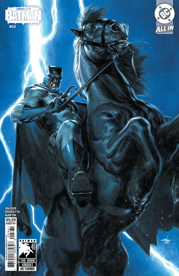 Batman Comics All-In issue 623 cover featuring Batman on a rearing dark horse under lightning, with DC and All-In logos visible.