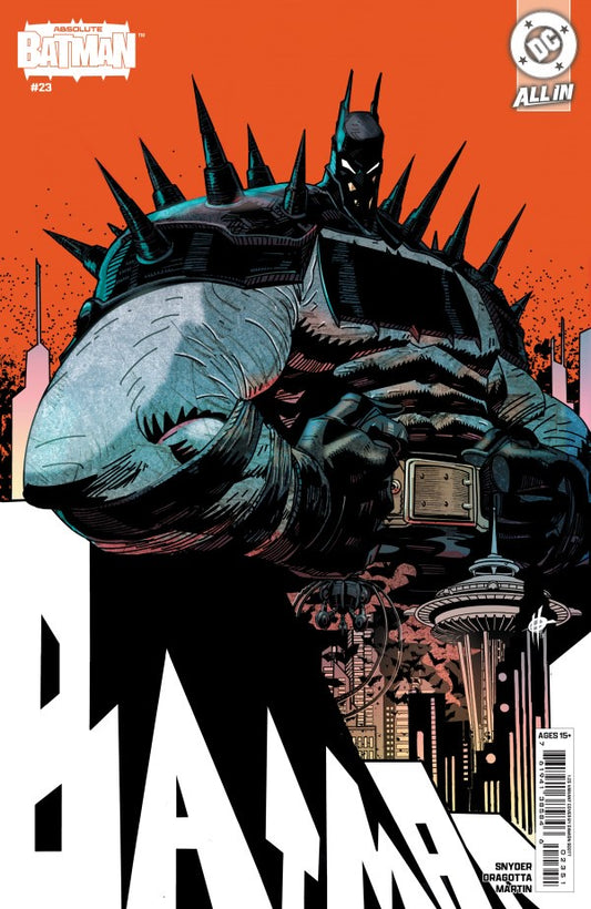 Batman comic book cover featuring Batman crouching behind a large whale, with an orange sky and city skyline in the background. The DC Comics logo and Batman logo are visible in the top corners.