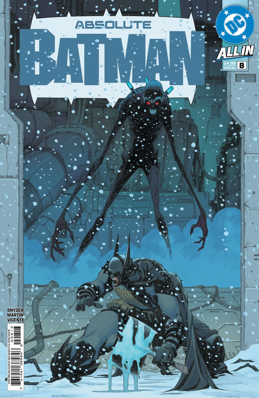 Comic book cover featuring Batman in a snowy scene with an alien creature.