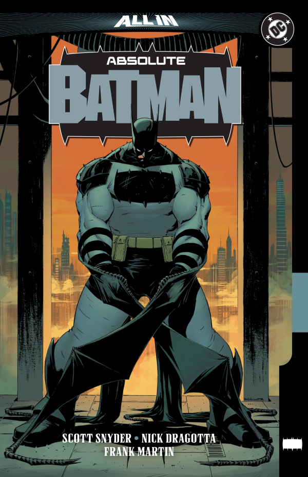 Comic book cover of 'Absolute Batman' with a silhouette of a character against an orange background.