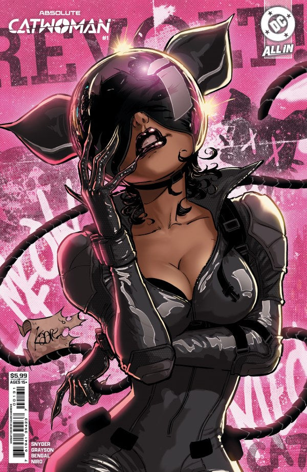 Comic book cover featuring a character in a black and pink outfit with a pink background.