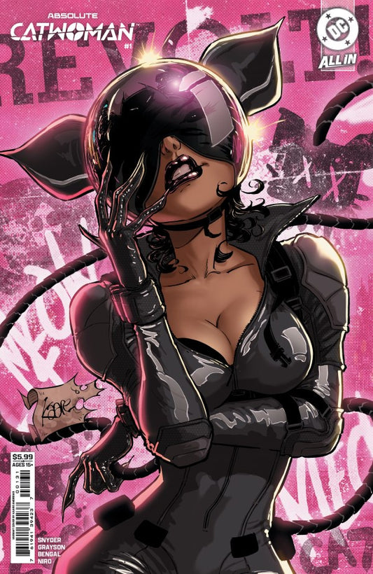 Comic book cover featuring a character in a black and pink outfit with a pink background.