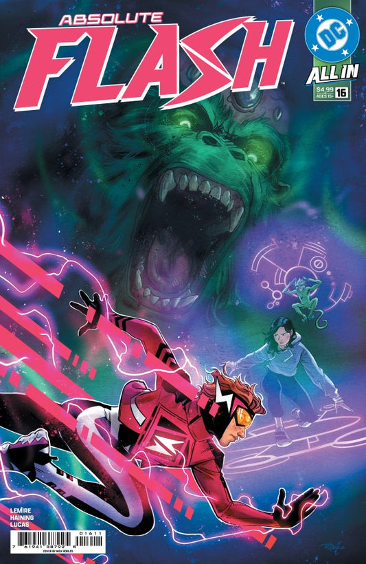 Comic book cover featuring a superhero in a red suit with a green monster in the background.
