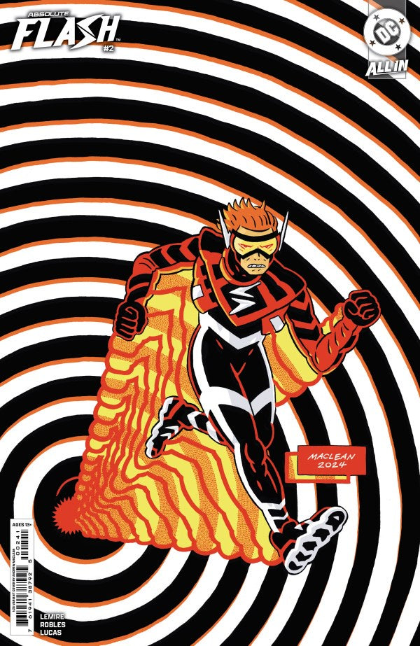 Comic book cover featuring a superhero in a dynamic pose with black and white spiral background