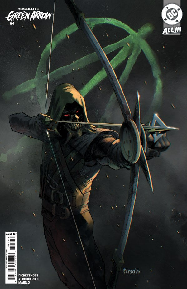 Absolute Green Arrow #4 comic book cover featuring a hooded archer with a bow and arrow, with the DC All-In logo in the top right corner.