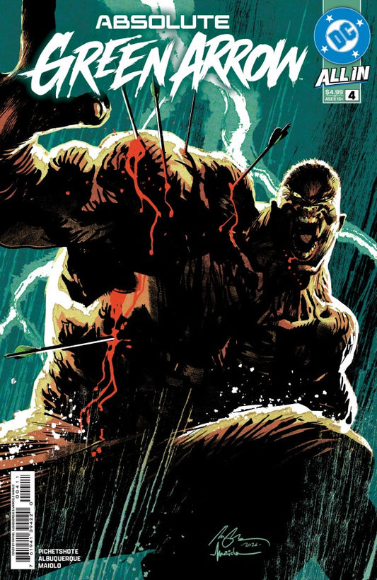 Absolute Green Arrow #4 DC Comics All In variant cover featuring a dark, dramatic illustration of a muscular figure with arrows and red blood details against a teal background.