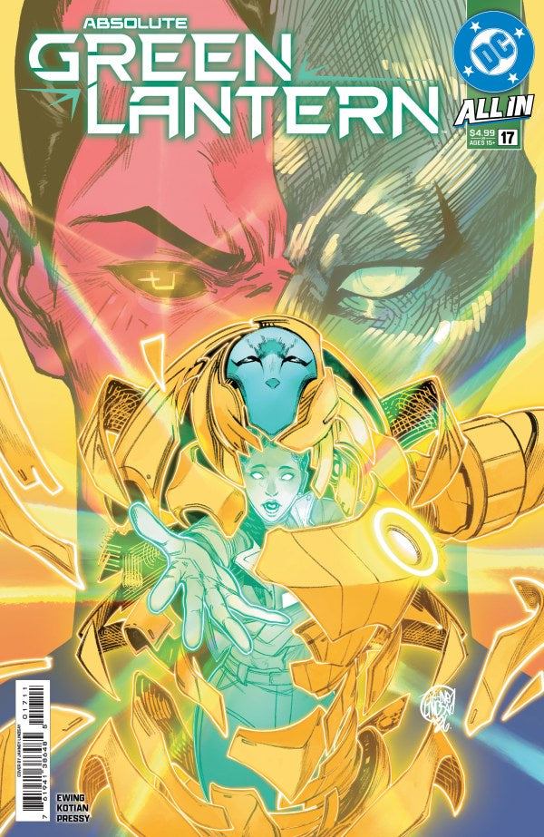 Green Lantern comic book cover, issue 17, featuring a central Green Lantern figure in glowing gold armor with a blue-green face, set against a dramatic background of red and gray faces with bright yellow and blue energy effects. The DC logo and 'Absolute Green Lantern' title are visible.