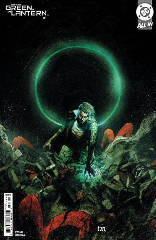 Comic book cover featuring a character with a green lantern ring against a dark background