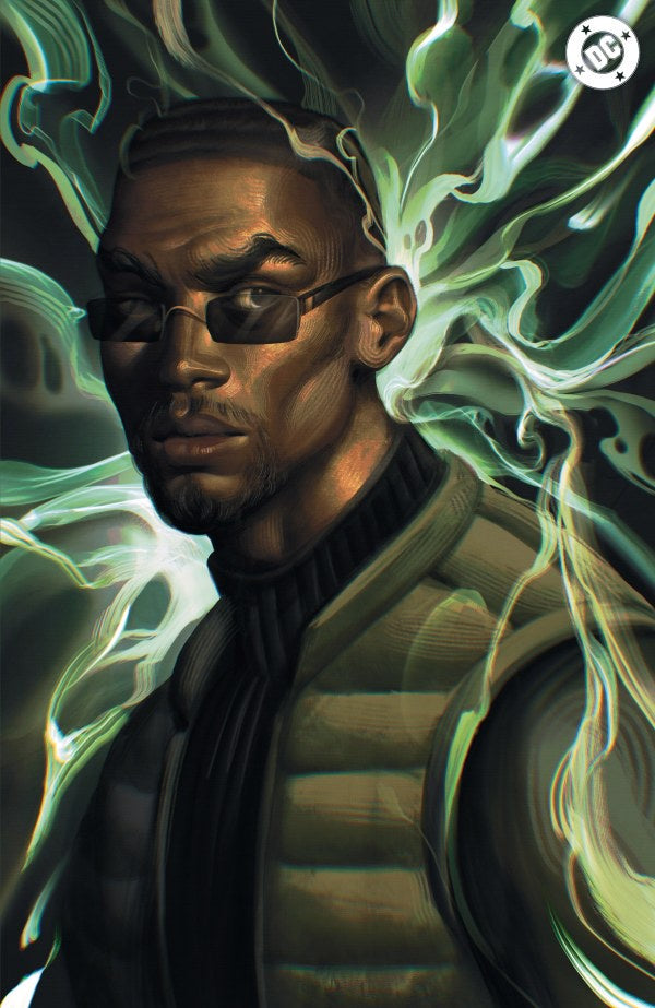 Artistic portrait of a person with abstract green and black background