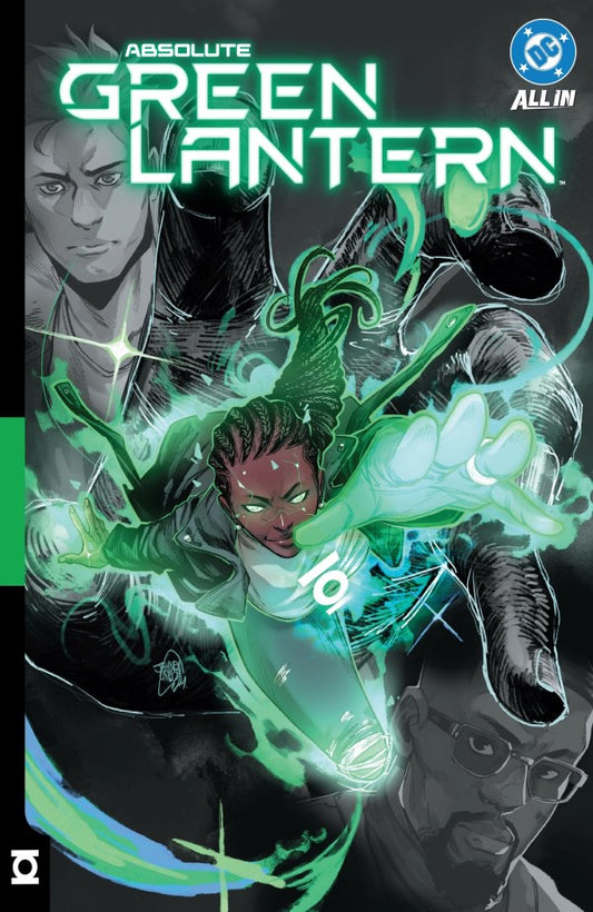 Comic book cover featuring characters in green lantern costumes with a dark background