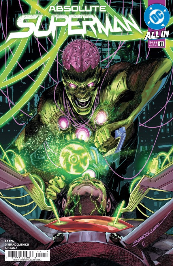 Comic book cover featuring a green superhero with glowing eyes and brain, set against a dark background with neon green and purple accents.