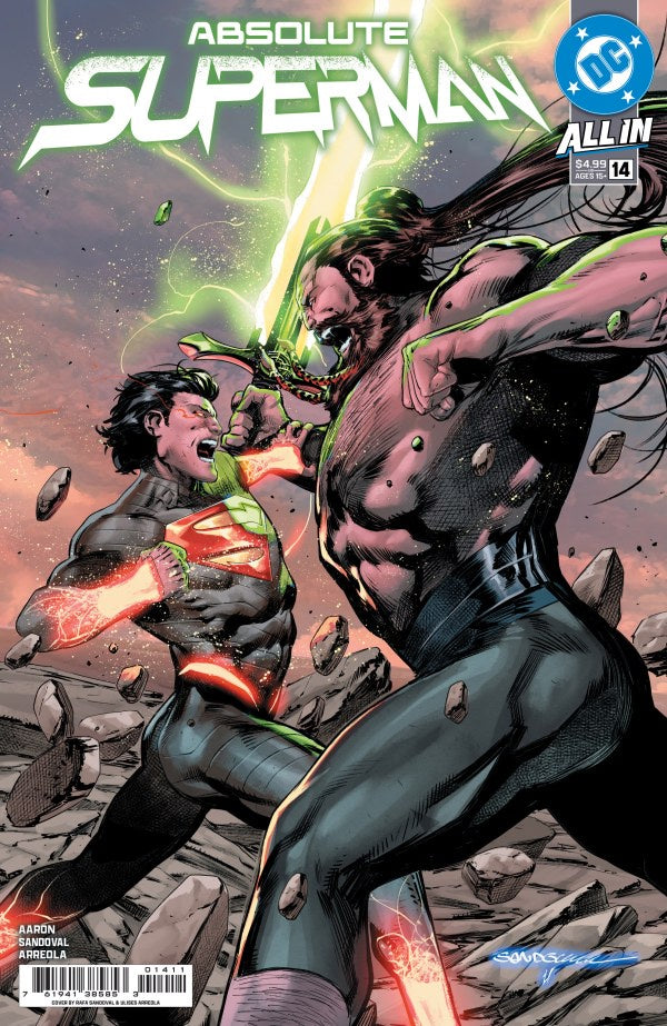 Comic book cover featuring two superheroes in a battle scene with 'Absolute Superman' title.