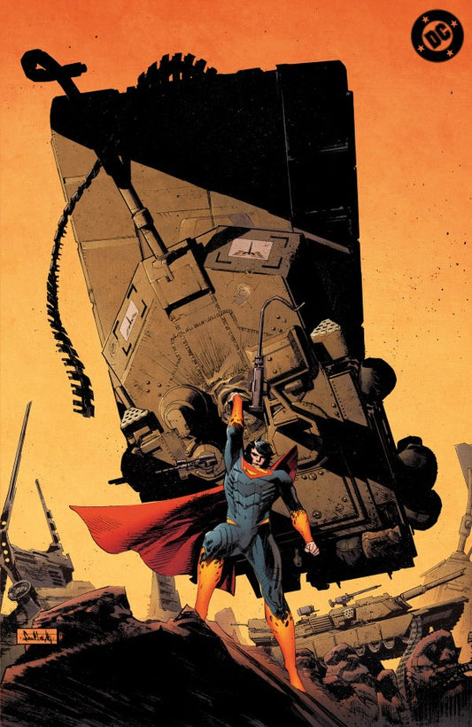 Superman lifting a large aircraft with a DC Comics logo in the corner