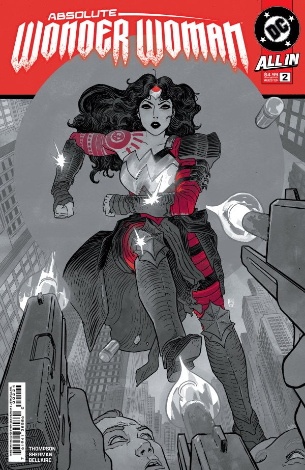 Comic book cover featuring Wonder Woman in a dynamic pose with a cityscape background.