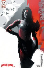 Comic book cover featuring a superheroine in a red and black suit with a dynamic pose.