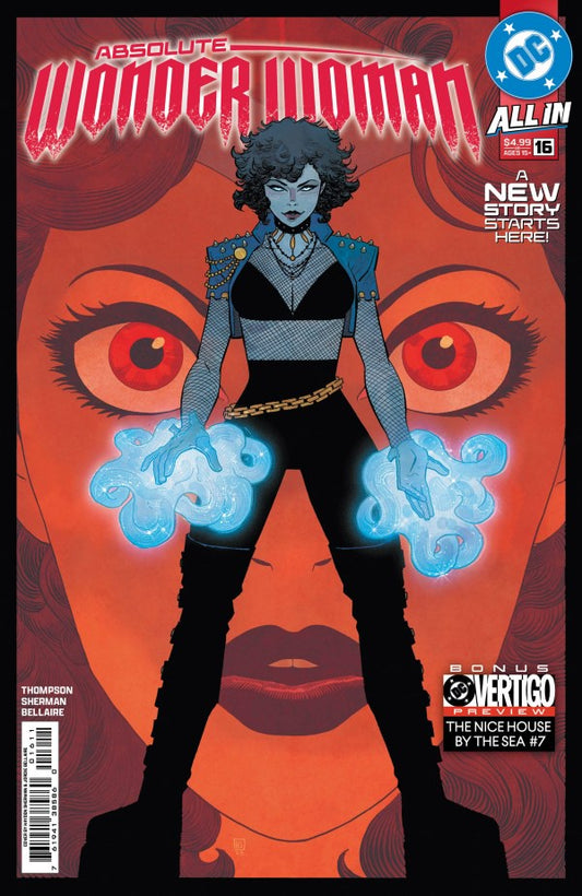 Comic book cover featuring a superheroine with blue energy blasts against a red background.