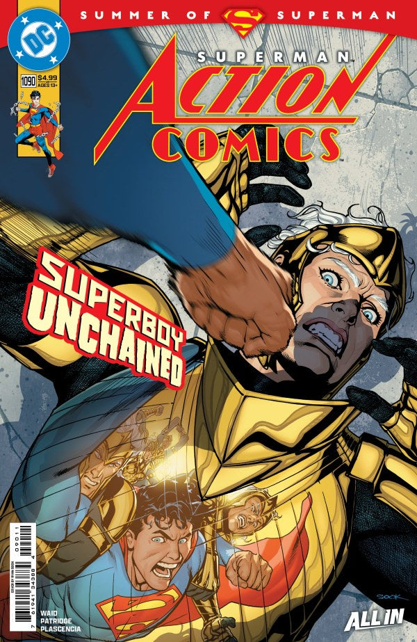 Comic book cover of Action Comics featuring Superboy punching someone