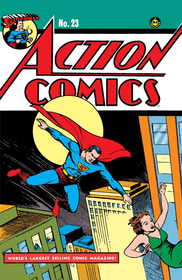 Comic book cover featuring Superman with text 'Action Comics No. 23' on a teal background