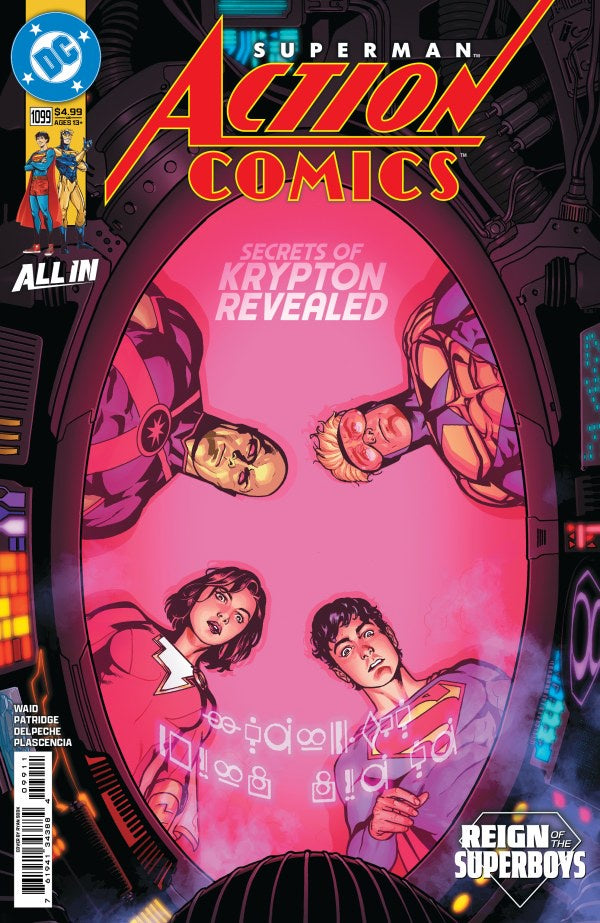 Comic book cover of Action Comics featuring Superman and other characters with a pink background.