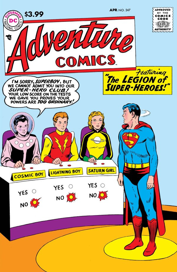 Vintage comic book cover for Adventure Comics, issue 247, featuring Superman standing beside a table with Cosmic Boy, Lightning Boy, and Saturn Girl, with a large title panel at the top and a DC logo in the upper left.