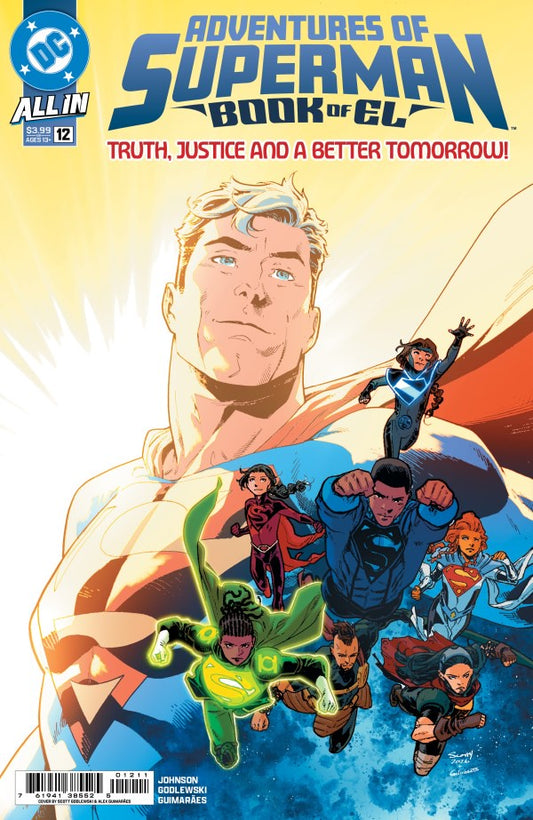 Comic book cover for DC's 'Adventures of Superman Book of Elda', featuring Superman in a large close-up with several other DC superheroes flying around him against a bright yellow and blue background.