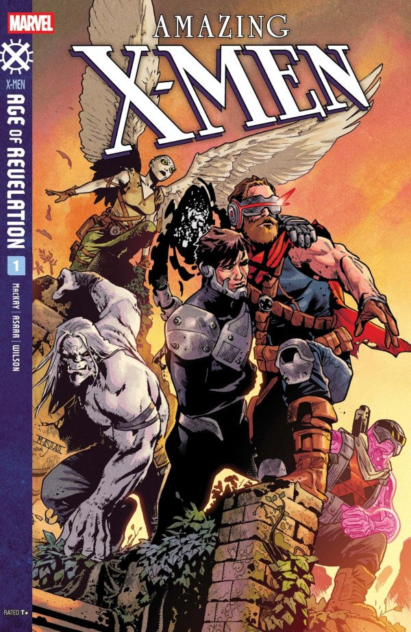 Comic book cover featuring the Amazing X-Men with a group of characters on a rooftop.