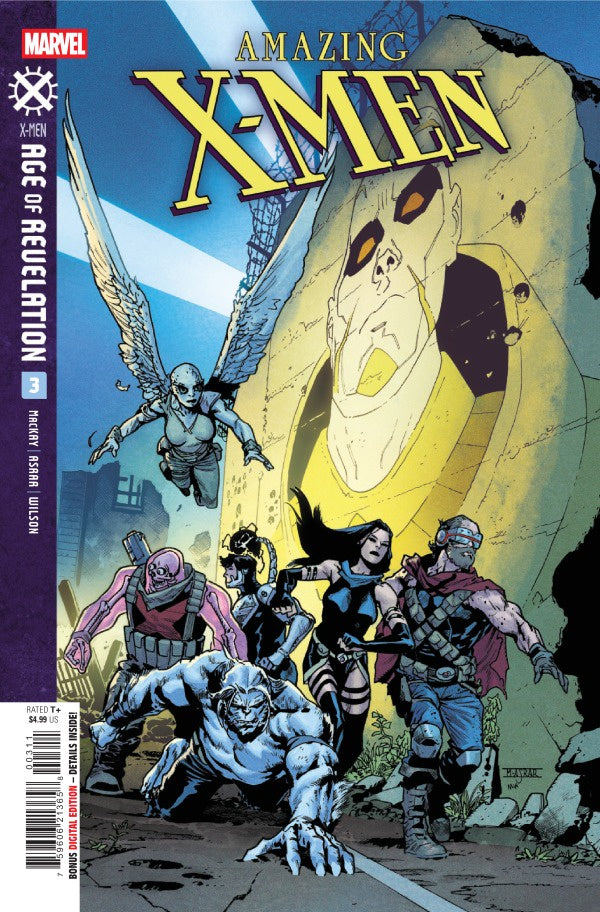 Comic book cover of 'Amazing X-Men' featuring the X-Men team with a large yellow figure in the background.
