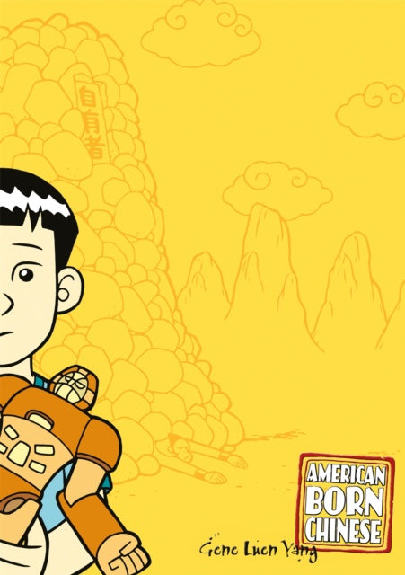 Cartoon character in an orange outfit against a yellow background with 'American Born Chinese' logo.