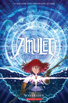 Book cover of 'Amulet' with a character holding a weapon and a blue energy effect.