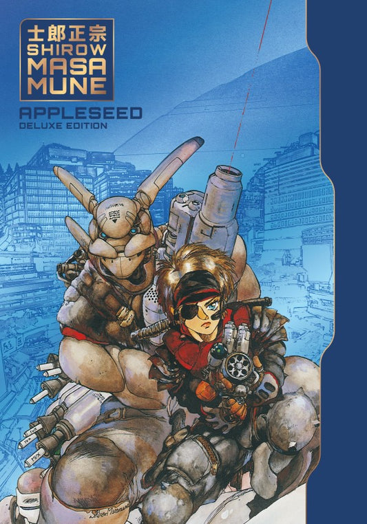 Cover of 'Appleseed' deluxe edition by Shiro MasaMune with a character on a mechanical suit against a blue cityscape background.