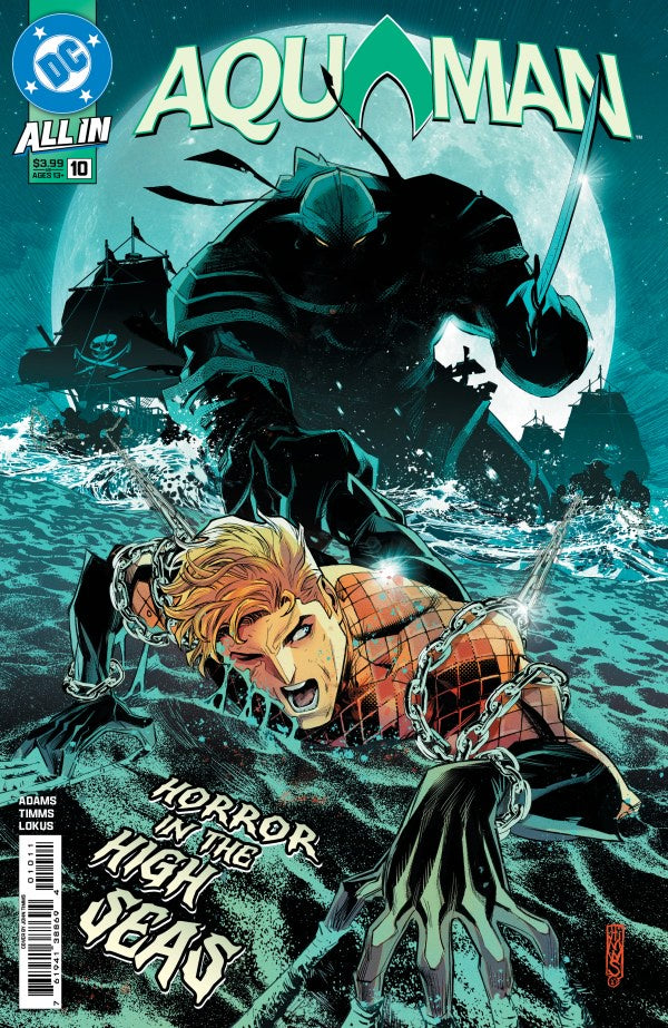 Aquaman #10 Comic book cover featuring Aquaman and a character in chains with a dark, moonlit sea background.