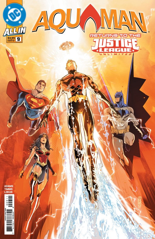 Comic book cover featuring Aquaman and other superheroes with a dynamic pose and vibrant colors.