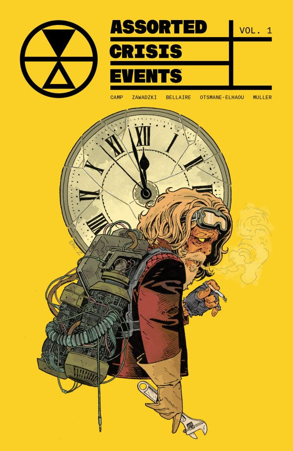 Book cover of 'Assorted Crisis Events' with a person holding a clock against a yellow background