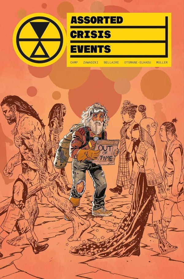 Comic book cover with a group of people walking and a person holding 'Out of Time' sign, with a radioactive symbol and text at the top.