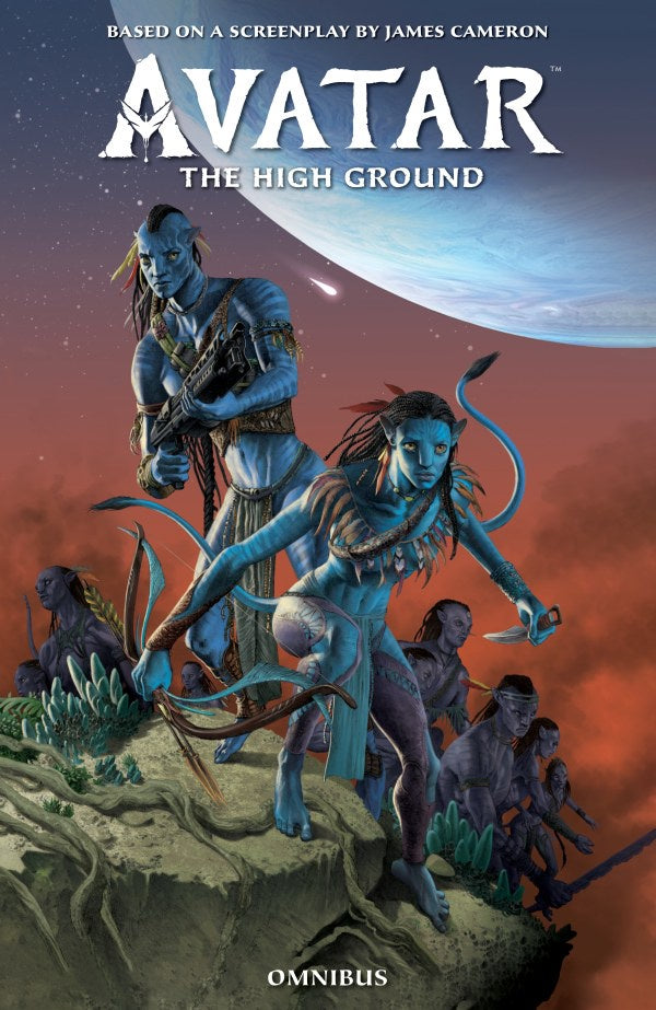 Book cover of 'Avatar: The High Ground' with characters from the movie on a planet.