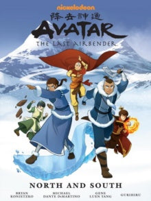 Promotional poster for 'Avatar: The Last Airbender' with characters in action poses against a mountainous background.
