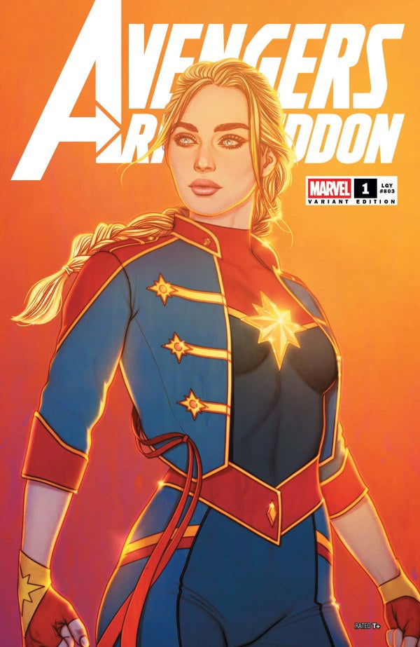 Comic book cover featuring a superheroine in a blue and red costume with 'Avengers' and 'Ragnarok' text on an orange background.