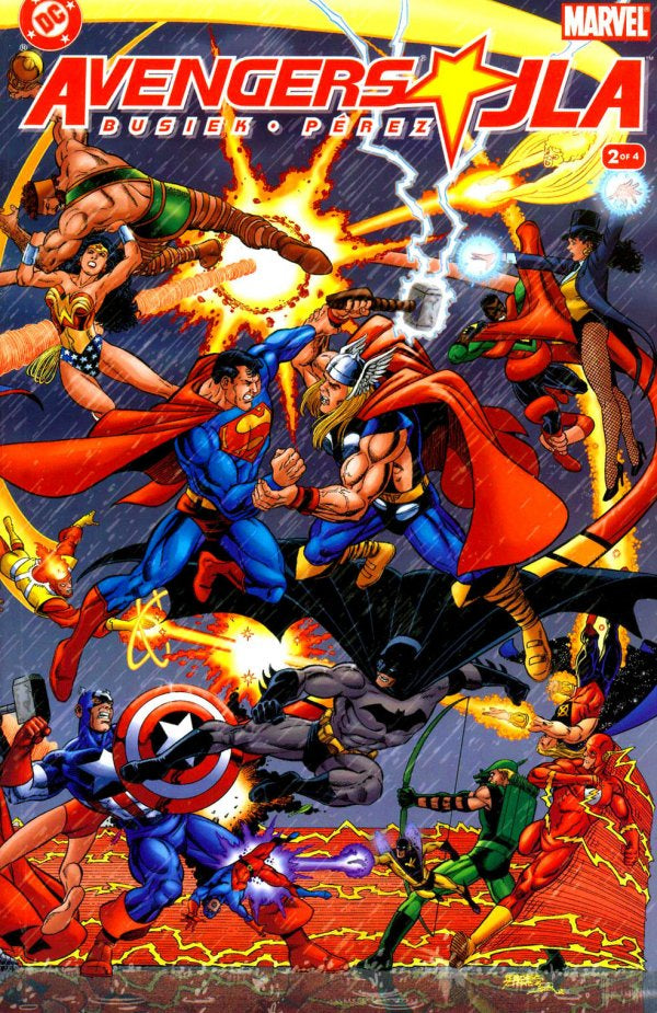 Comic book cover featuring Marvel and DC superheroes in a dynamic battle scene.