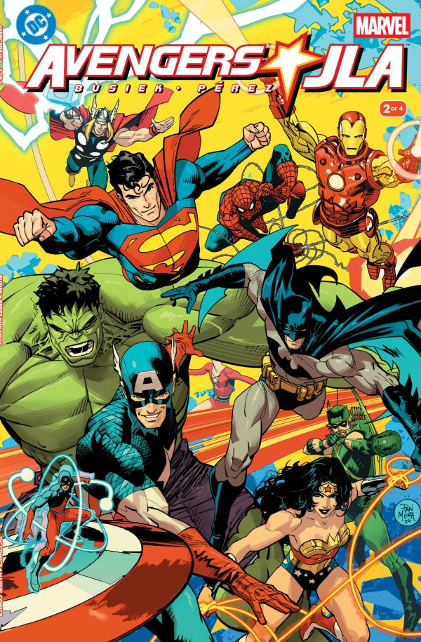 Comic book cover featuring Marvel and DC superheroes with colorful background