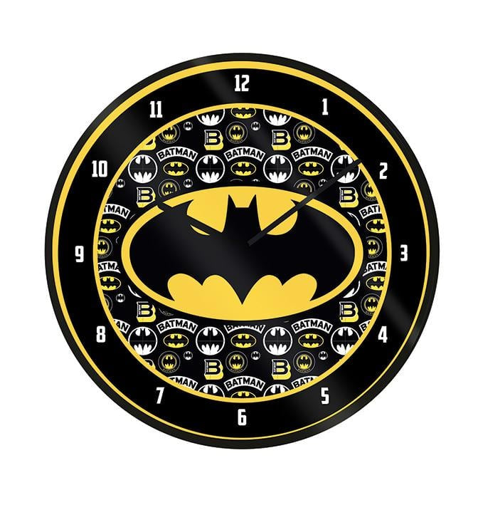 Batman-themed wall clock with repeated logo design on a black background