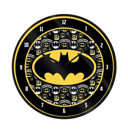 Batman-themed wall clock with repeated logo design on a black background
