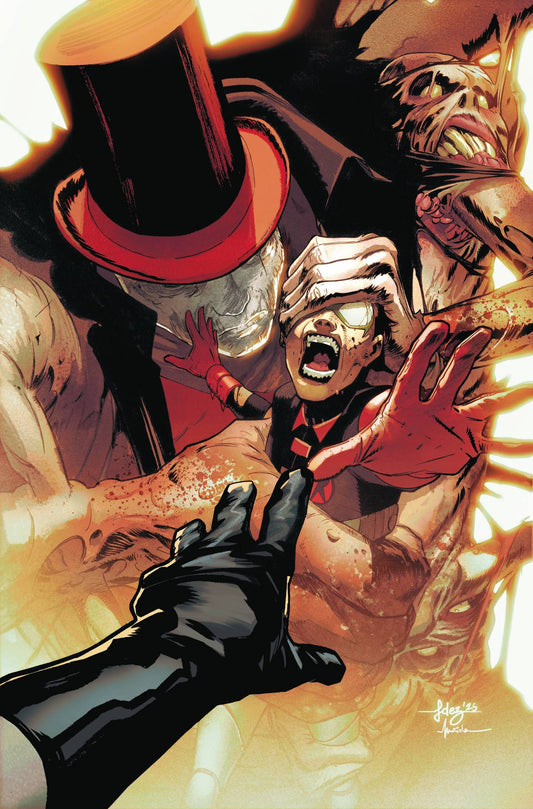 Comic book cover with a character in a top hat and mask reaching out to another figure.