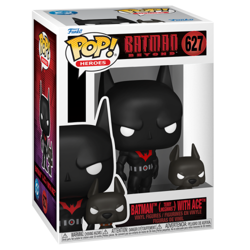 Funko Pop! Heroes vinyl figure of Batman with Ace, number 627, in its original retail box. The box is white with red, black, and purple graphics, and the figure inside is predominantly black with white eyes and a red chest emblem.