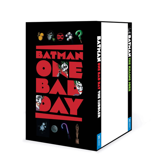 Batman: One Bad Day box set book cover and spine shown on a white background. The cover is predominantly black with large red title text and small multicolored character icons along the top and bottom.