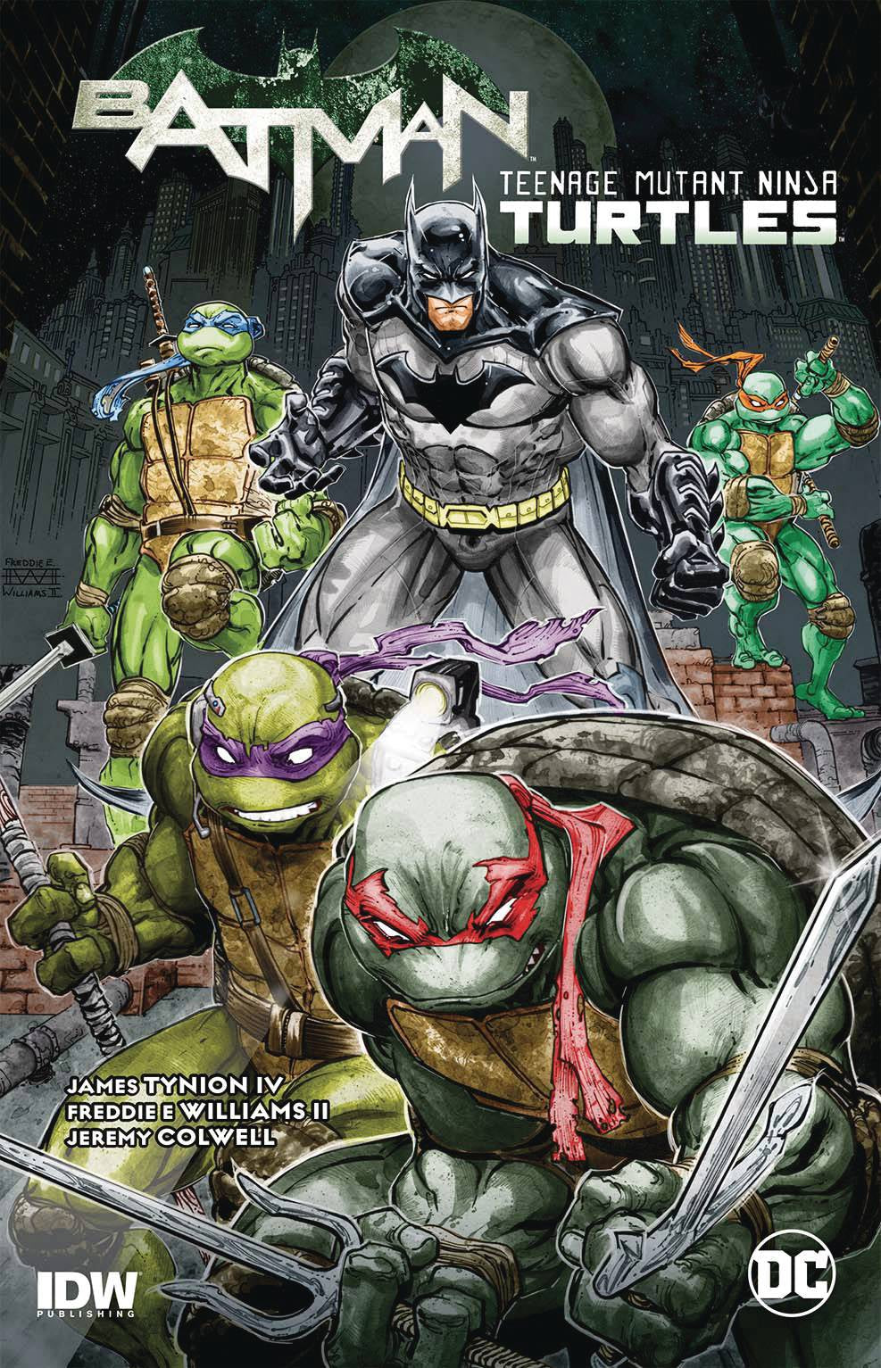 Cover of the graphic novel 'BATMAN TEENAGE MUTANT NINJA TURTLES TP VOL 01 (2025 EDITION)' showing illustrations of Batman and the Teenage Mutant Ninja Turtles.