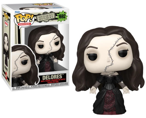 A Funko Pop! vinyl figure of Delores from Beetlejuice, wearing a black and red dress with a skull design, standing next to its packaging.